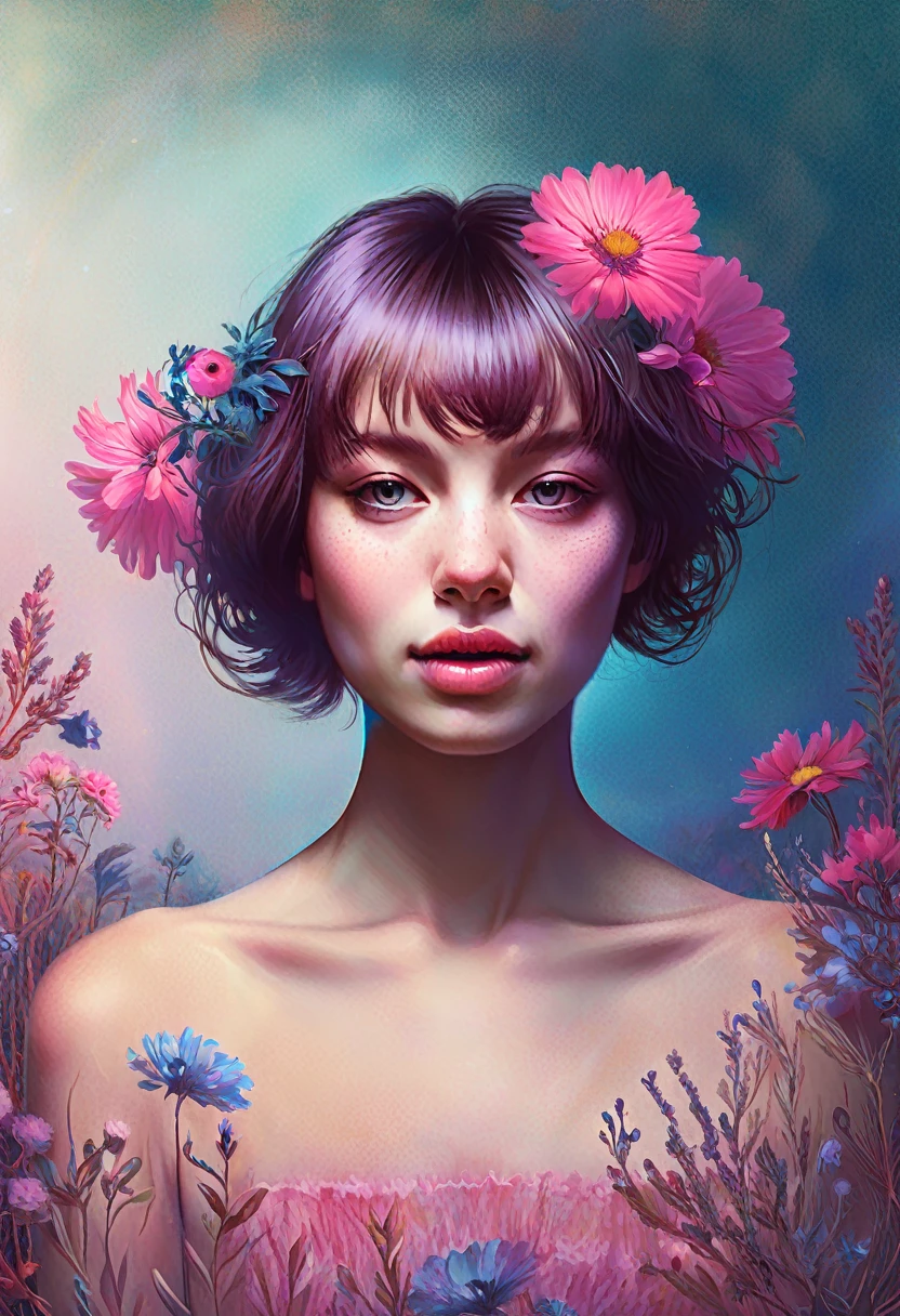 シュールレアリズムとハイパーリアリズムを駆使したWoman portrait, Digital art by Christian Hilfgott Brand, Woman portrait, Surreal, Surreal, 8k resolution, High resolution, Detailed facial features, Bright colors such as pink and blue, Dreamy atmosphere, Decorate your hair with flowers, A kind smile, close your eyes, Mystical Expressions, Ethereal quality, Realistic texture.