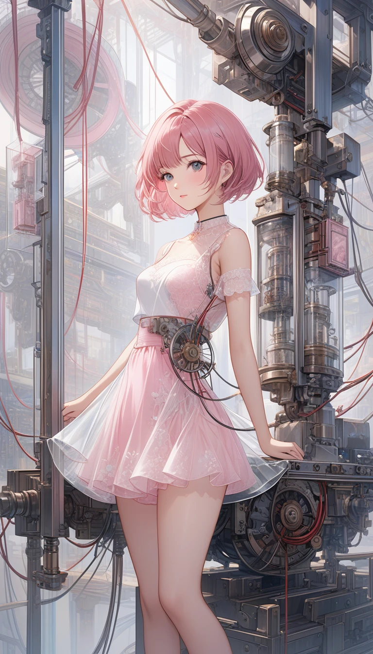 masterpiece,Solitary,Maximum resolution,best quality,wallpaper,Good composition,32K,(Transparent Materials:1.2),1 Girl,Pink short hair,side fringe,Delicate and beautiful face,Mechanical structure,composed of machinery,transmission,Hydraulics,Circuits and wires,Skin wrapped with transparent sss material,doll,artwork,