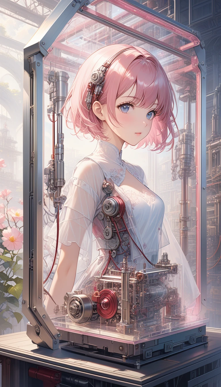 masterpiece,Solitary,Maximum resolution,best quality,wallpaper,Good composition,32K,(Transparent Materials:1.2),1 Girl,Pink short hair,side fringe,Delicate and beautiful face,Mechanical structure,composed of machinery,transmission,Hydraulics,Circuits and wires,Skin wrapped with transparent sss material,doll,artwork,