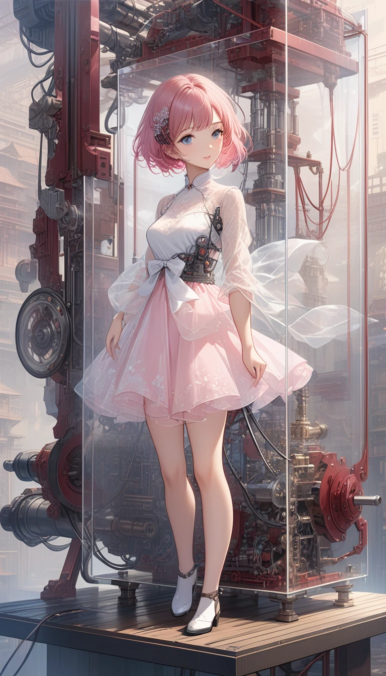masterpiece,Solitary,Maximum resolution,best quality,wallpaper,Good composition,32K,(Transparent Materials:1.2),1 Girl,Pink short hair,side fringe,Delicate and beautiful face,Mechanical structure,composed of machinery,transmission,Hydraulics,Circuits and wires,Skin wrapped with transparent sss material,doll,artwork,