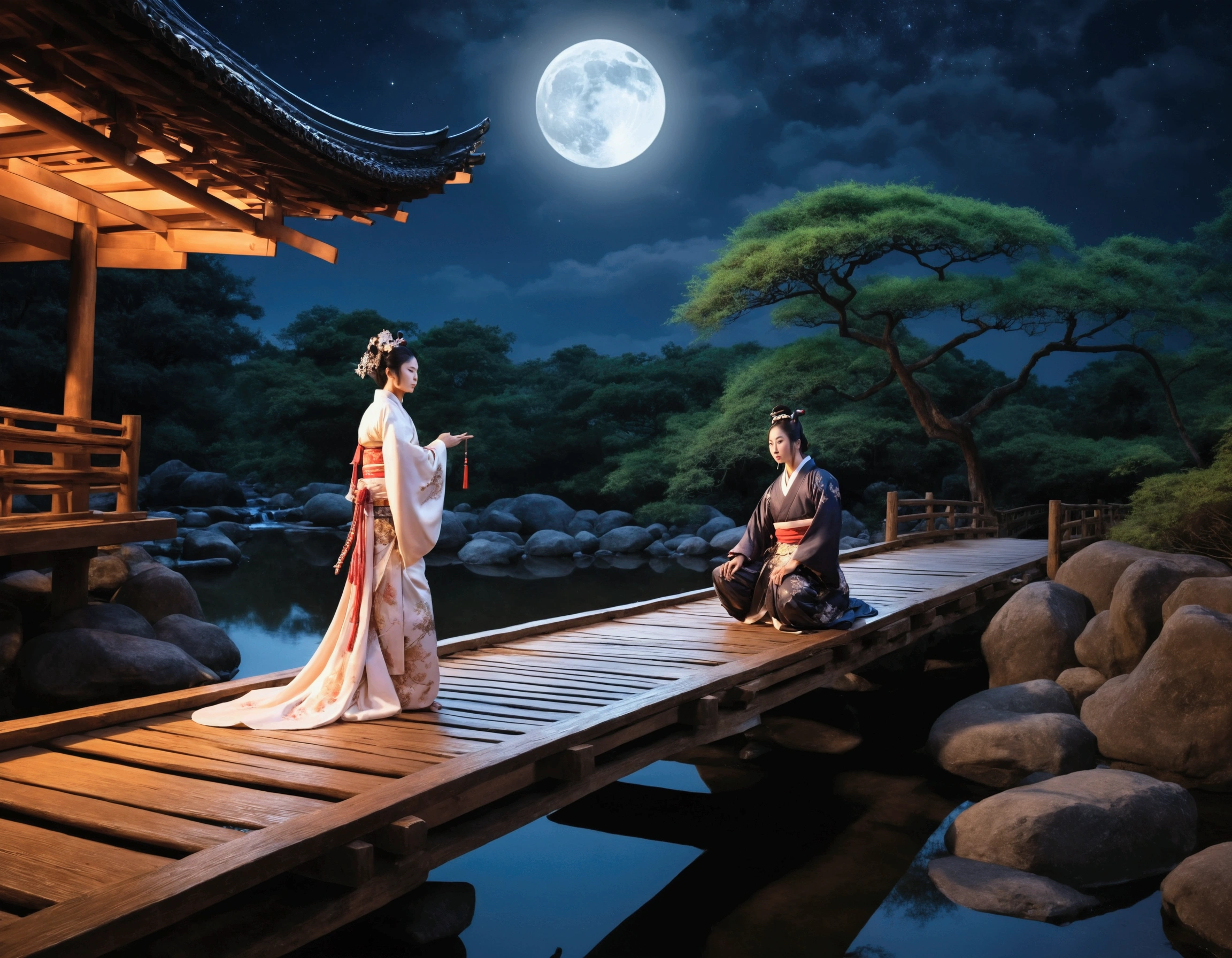 Moonlit night, wooden bridge over a creek. Samurai warrior in robes kneels before a gorgeous Asian woman in a lovely billowing dress. Asian love scene