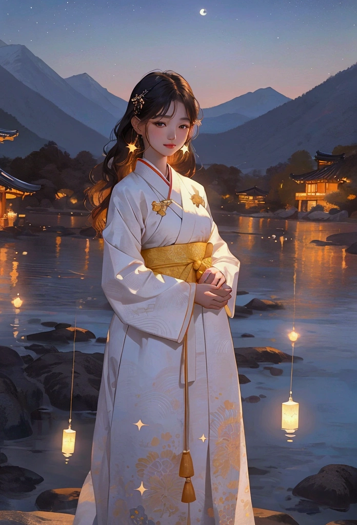 (realistic, masterpiece, best quality), Korean traditional costume_Hanbok wearing, One beautiful 20-year-old young woman with delicate features_Selfie in front of the background, starry night. A huge moon shining behind the mountains. A quiet lake reflects the night. sunset, realistic scene, Detail, photorealism, 8k