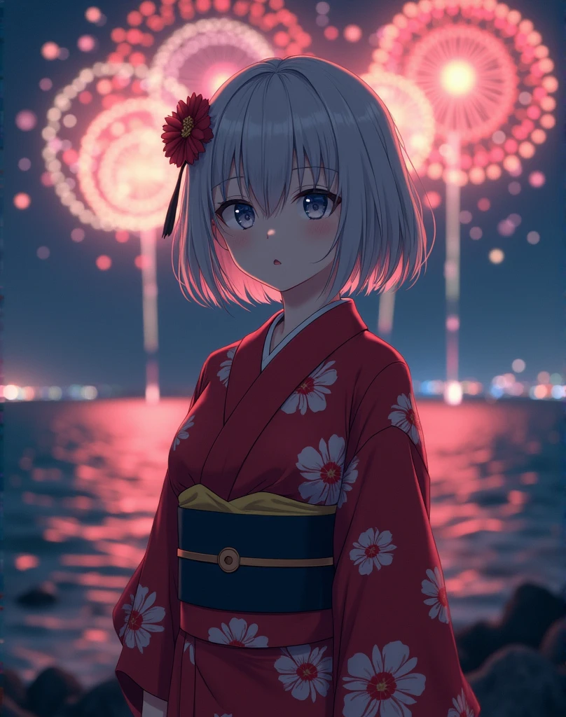 not a anime, (RAW photo, best quality, masterpiece: 1.2), (photorealistic: 1.4), best lighting, 20 years old, (light gray hair, short bob cut, hair in 7 thirds, hair over one ear, :1.3), (Symmetrical eyes, solo, medium breast, Detailed Skin, like a model:1.2), looking at viewer, (light gray hair, cowboyshot, ((Countless fireworks shot into the sea background)), standing, ((Red and white yukata with beautiful red camellia flower pattern, black obijime, hair ornament to match the yukata, midnight, long shot)),:1.25)