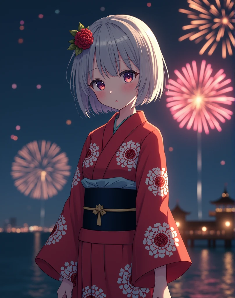 not a anime, (RAW photo, best quality, masterpiece: 1.2), (photorealistic: 1.4), best lighting, 20 years old, (light gray hair, short bob cut, hair in 7 thirds, hair over one ear, :1.3), (Symmetrical eyes, solo, medium breast, Detailed Skin, like a model:1.2), looking at viewer, (light gray hair, cowboyshot, ((Countless fireworks shot into the sea background)), standing, ((Red and white yukata with beautiful red camellia flower pattern, black obijime, hair ornament to match the yukata, midnight, long shot)),:1.25)