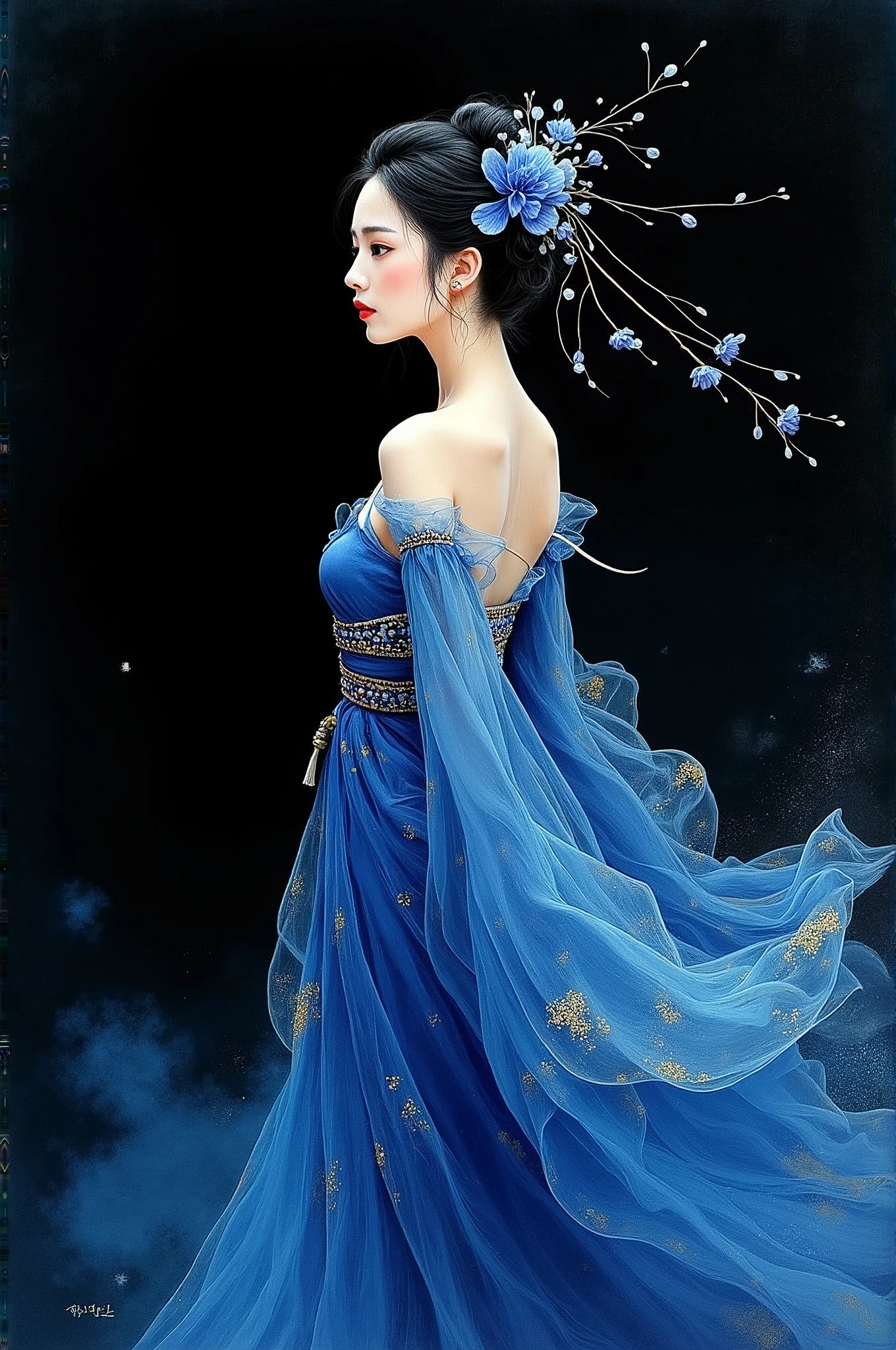 jinling,1girl,solo,red smoke,blue smoke.jewelry,earrings,long hair,flowerr,blue dress,,upper body,red dress,black hair,bare shoulders,floating hair,s, ray_traycing,best quality,masterpiece,magazine cover,cinematic_lighting,<lora:jinlingsdxl-000005:1>