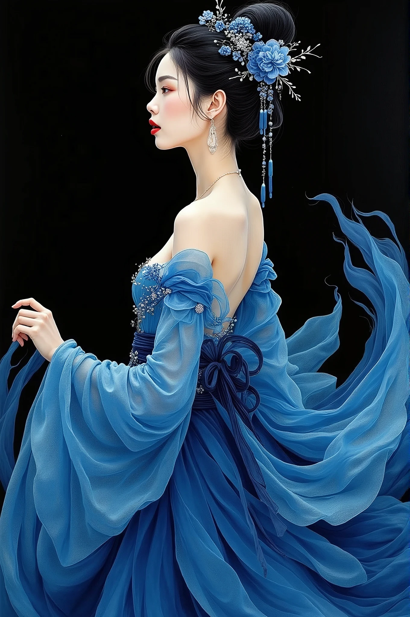 Ancient beauty with a  expression，Preoccupied，The artwork is created using gouache on paper, with bold colors and patterns that reflect the artist’s unique artistic vision. It incorporates dark blue hues, creating a captivating visual experience. This piece portrays an elegant figure against a black background, adding depth to its overall compositio，New Chinese，Color curve，Exquisite Han Dynasty gauze skirt，High-speed motion blur