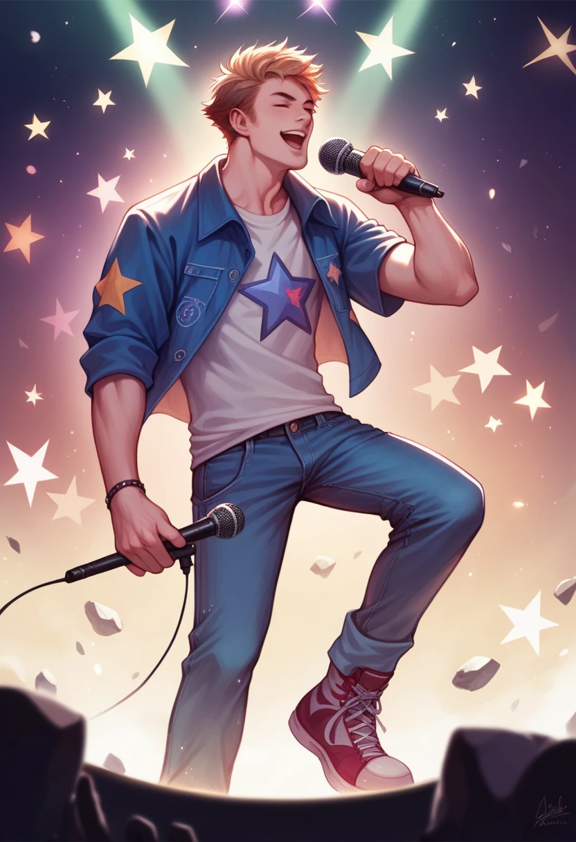 highest quality, Realistic, Very detailed, Concert, Male singer singing on a microphone, Head to the right, Impressive, rock star , rock concert