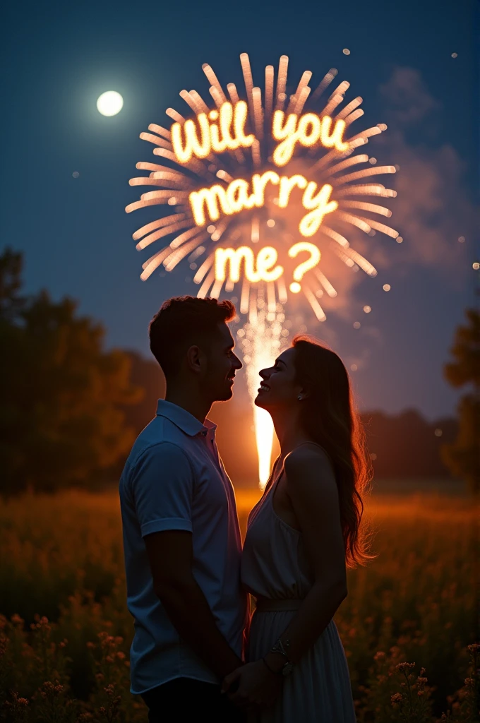 A serene moonlit night with soft, golden illumination casting a warm glow on the tranquil landscape. A young couple stands amidst lush greenery, their faces aglow with anticipation and joy. The woman's eyes sparkle as she gazes up at her partner, her hand tenderly holding his. Before them, a vibrant fireworks display bursts into the air, spelling out "Will you marry me?" in glittering silver letters.