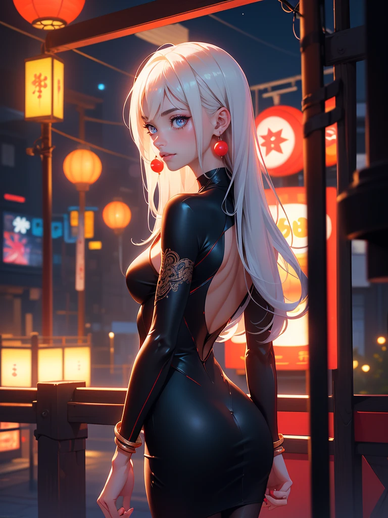 8K, Masterpiece, RAW photo, Best quality, detail:1.2), Photorealistic, Extremely detailed Cg Unity 8K wallpaper, Depth of field, Cinematic light, Lens flare, Ray tracing, (Extremely beautiful face, Beautiful lips, Beautiful eyes), intricate detail face, ((ultra detailed skin)) 1girll, In the dark, deepshadow, Pretty Japanese girl, Japan idol, (Very slim and slender muscular body:1.3), ((view the viewer)), (Big smile), (bodycon minidress), (Red kimono), (Injection sleeve), (Japan street night, (neon lights sign), (Night), Pretty Japanese girl, Earrings, bangle, Pantyhose, Clear eyes, Standing, (Pale skin), Face forward, (Big eyes), ((upperbody shots)), tightly dress, Silk dress, Turn Back, Back shot, Very slim, slander