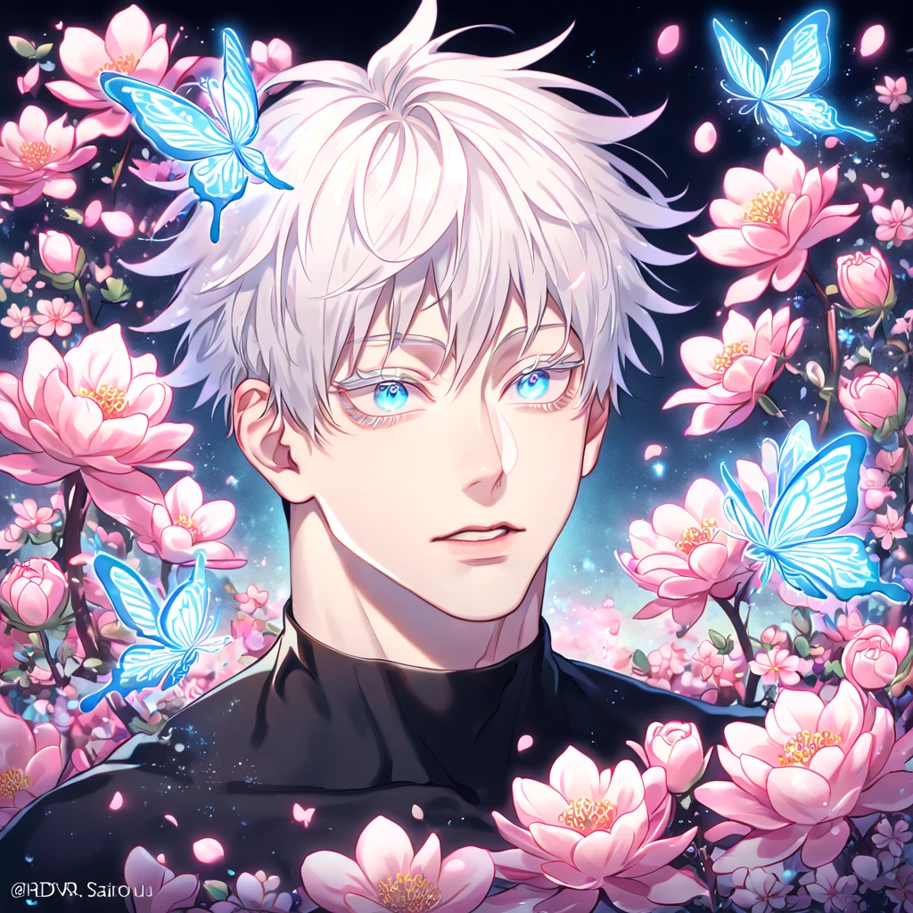 absurdres, highres, ultra detailed, HDR, master piece, best quality, extremely detailed face, delicated features, Gojou Satoru, white hair, expressive blue eyes, white eyelashes, Jujutsu Kaisen, solo, sexy, sensual man, manly man, black tight T-shirt, blossoms, pink flowers, pink butterflies, fantasy, magical, radiant