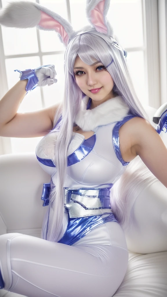 Arafe poses for a photo in a bunny suit., anime Cosplay, White cat lady, anime girl Cosplay, Seraphin Ahri Kuda, Irelia From League of Legends, Cosplay, Irelia, glamourous Cosplay, As an Overwatch character, Cosplay photo, ahri From League of Legends, Smooth white tight clothing suit, From League of Legends