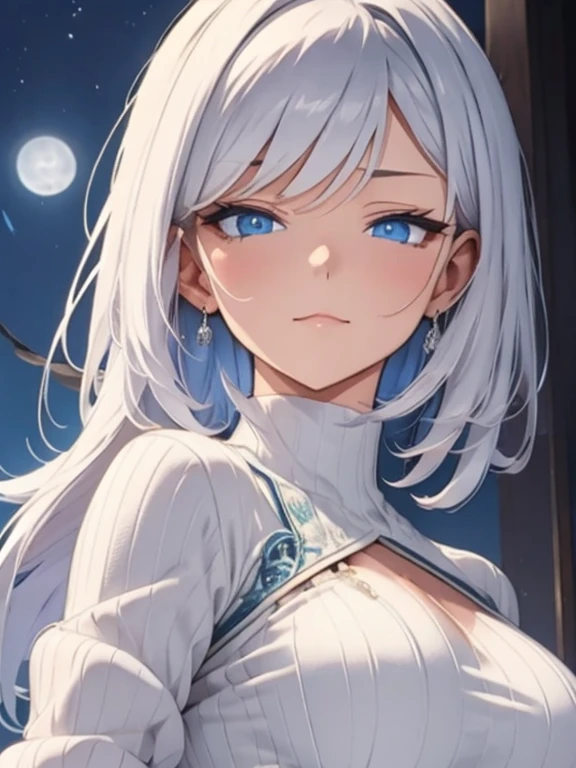 silver bob hair, Blue eyes, (((beautiful))),Mary,Blue sweater, White jacket, Cropped jacket, Long sleeve, Open clothes, Ribbed sweater, 手链, (((Glowing Skin))), ((Intricate details)), High resolution, ((Intricate details, Ultra-detailed)), Cinematic shots, Vignette, gazing condescendingly at the viewer, (((Confession in the Moonlight)))