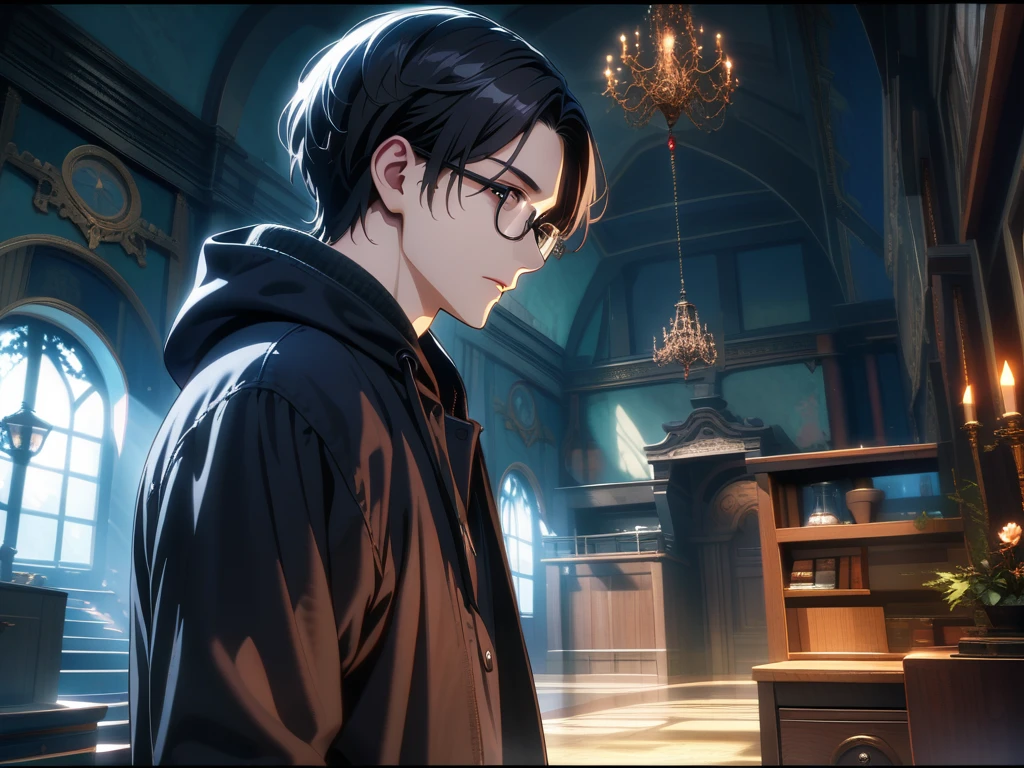 man,Bring a black mask,Wear a black hood,HD, HDR, Very detailed CG, Beautiful details, depth, Delicate texture, Super Fine, Pale skin, Handsome man, , short hair, Black Hair, Glasses,Ethereal atmosphere,Room