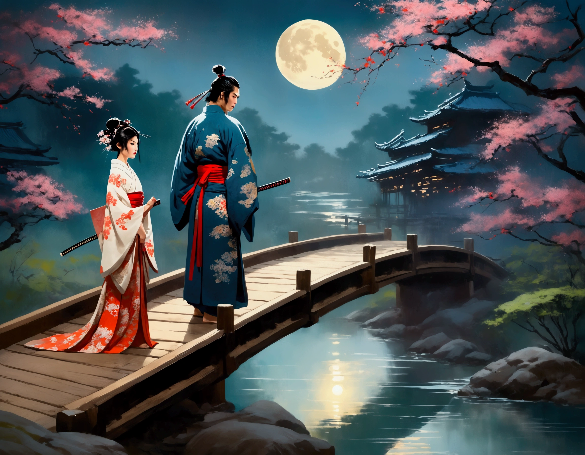 Moonlit night, wooden bridge over a creek. Samurai warrior in robes kneels before a gorgeous Asian woman in a lovely billowing dress. Asian love scene