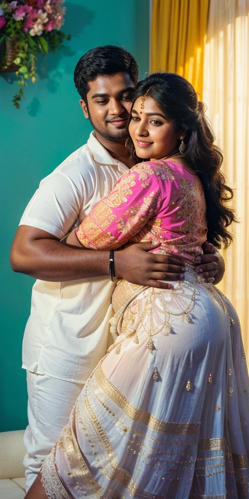 A radiant, full-figured South Indian 25 year old woman wearing a off white gown tenderly hugging  a jubilant 25-year-old man while in living room, captured in a full-body image with vibrant hues and meticulous details. Belly button visible . Full body image