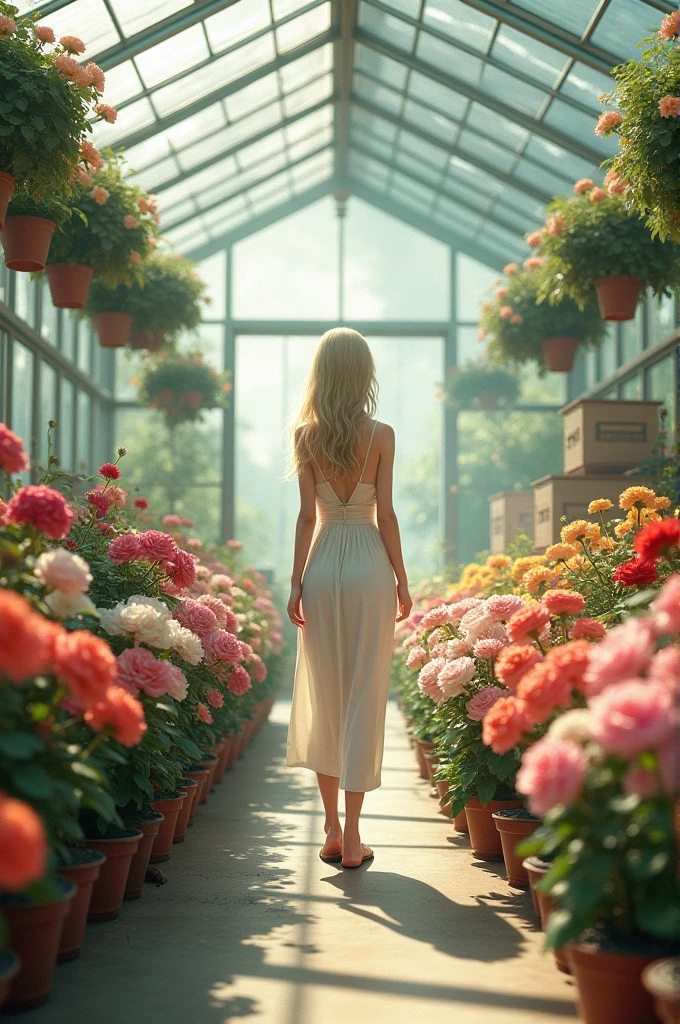 Very delicate and beautiful, wonderful, In detail, masterpiece, Very detailed, High resolution,Best shot, Best Shadow,Complex,Sharp focus, high quality, Japanese female 1 person, alone, Blonde. Red eyes, Glass greenhouse, Potted flowers, Flowers for sale, Woman looking at flowers, Flowers are blooming everywhere, Lens flare,Sleeveless,Beautiful breasts
