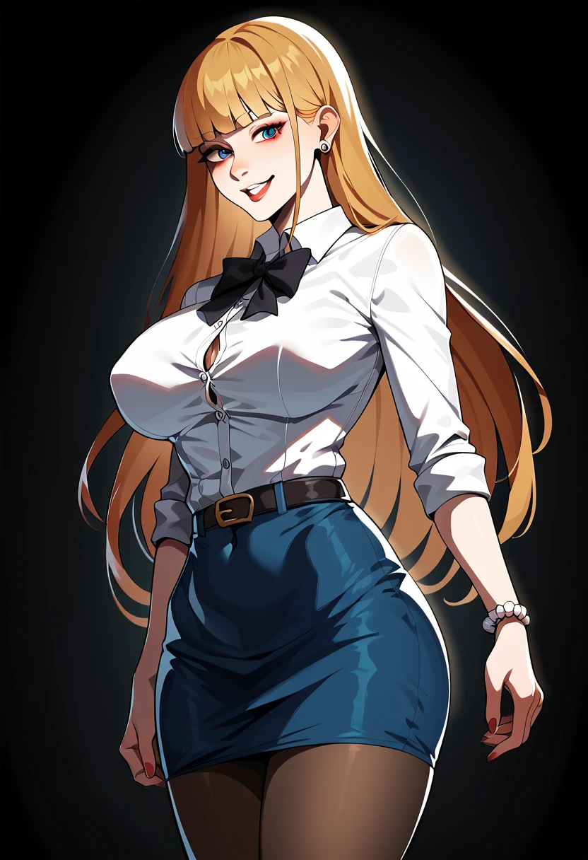 masterpiece, best quality, SimplePositiveXLv2, Holo(ホロ), 1girl, solo, long hair, breasts,  large breast, curvy, Dress, shirt, Skirt, mini skirt, pantyhose, navel, mini shirt,