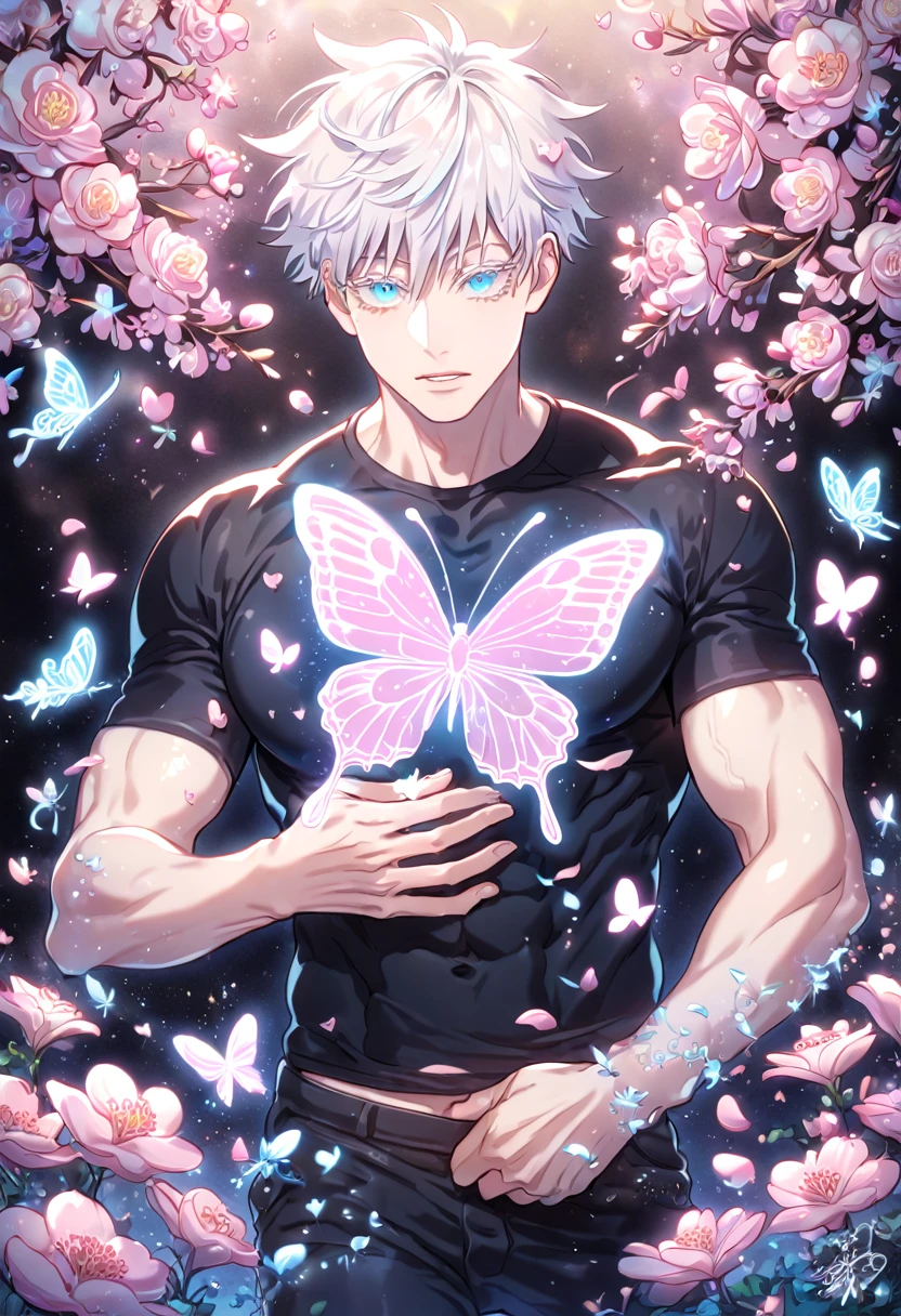 absurdres, highres, ultra detailed, HDR, master piece, best quality, extremely detailed face, delicated features, Gojou Satoru, white hair, expressive blue eyes, white eyelashes, Jujutsu Kaisen, solo, sexy, sensual man, manly man, black tight T-shirt, black tight pants, blossoms, pink flowers, pink butterflies, fantasy, magical, radiant