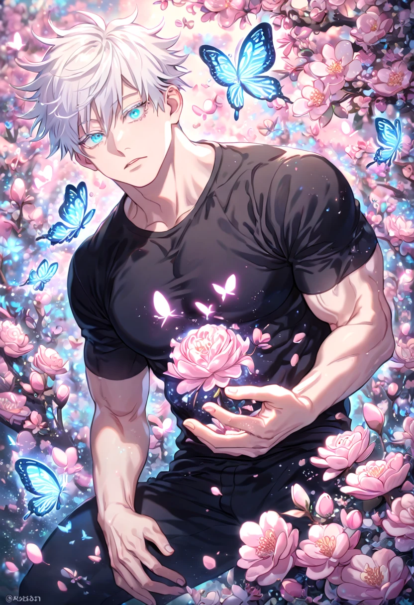 absurdres, highres, ultra detailed, HDR, master piece, best quality, extremely detailed face, delicated features, Gojou Satoru, white hair, expressive blue eyes, white eyelashes, Jujutsu Kaisen, solo, sexy, sensual man, manly man, black tight T-shirt, black tight pants, blossoms, pink flowers, pink butterflies, fantasy, magical, radiant