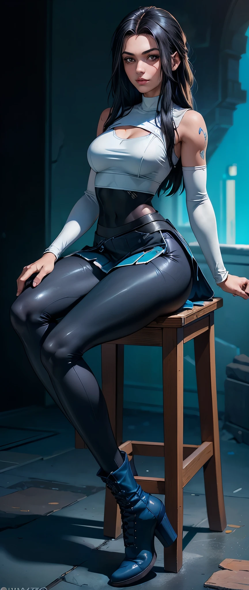 (La mejor calidad,A high resolution,Ultra - detallado,actual),(Fondo de ruinas de mazmorra en ruinas cyberpunk :1.4 ), Beautiful young girl in blue dress，Smile，(white boots:1.4) ，Exquisite facial features，tie hair, (black leggings:1.4) ，Blue clothes,( blue skirt:1.4) , ，front standing posture ，facing the audience，(full body Portrait) ，gray background, ,(Fondo de ruinas de mazmorra en ruinas:1.4 ), (anatomía perfecta :1.4), (face detailed :1.4), More detailed 8K.motor irreal:1.4,UHD,La mejor calidad:1.4, fotorrealista:1.4, textura de la piel:1.4, obra maestra:1.8,obra-prima, mejor calidad,objeto Objeto], (detailed face features:1.3),(Las proporciones correctas),(Ojos hermosos azules),11 years old teenagegirl, (pose vaquero),the best quality, kids, little young girl, in a room,he is wearing black leggings,beautiful body, cute girl, long hair,she wears leggings, kare hair, high waist leggings, body jewelry,tight top,black hair ,beautiful hands,young  girl 10 years,perfect beautiful fingers,in leggings, sitting on a chair, leggings are see-through on the ass,perfect body, perfect feet