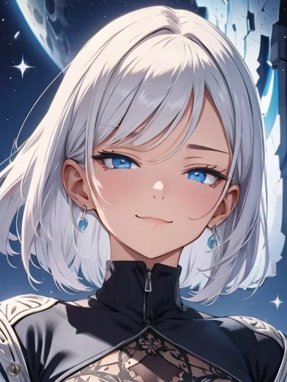 silver bob hair, Blue eyes, (((beautiful))),Mary,Blue sweater, White jacket, Cropped jacket, Long sleeve, Open clothes, Ribbed sweater, 手链, (((Glowing Skin))), ((Intricate details)), High resolution, ((Intricate details, Ultra-detailed)), Cinematic shots, Vignette, gazing condescendingly at the viewer with shaming smile, (((Confession in the Moonlight)))