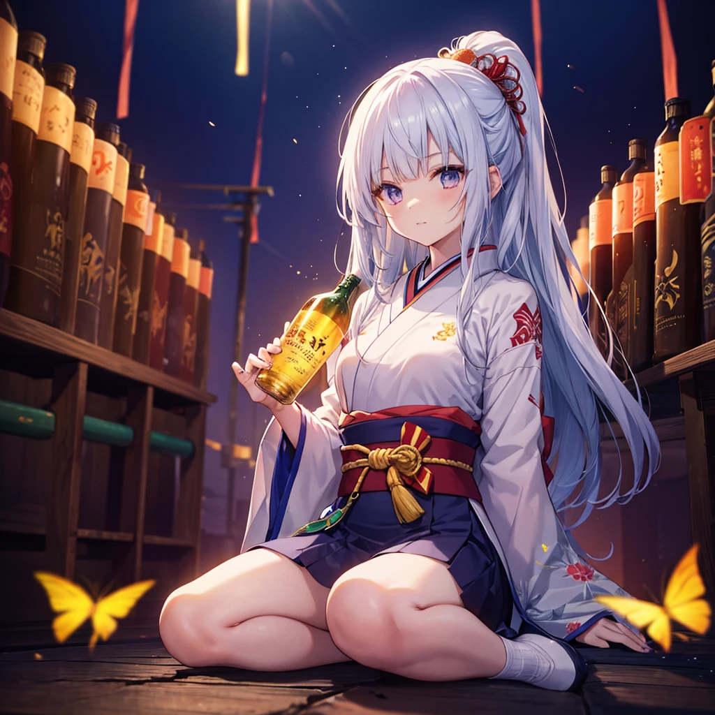One woman,Cyber Warrior,Japanese Style((Offer your hand,Come here, cool expression,Mature,Close-up)) background(Cyber World) (((knife,7 bottles,7 colors, stuck in the ground))) Serious expression,Looking diagonally upwards, pure white long hair,A yellow butterfly blowing in the wind in neon colors, shining brightly,Super Mysterious Japanese Anime Style