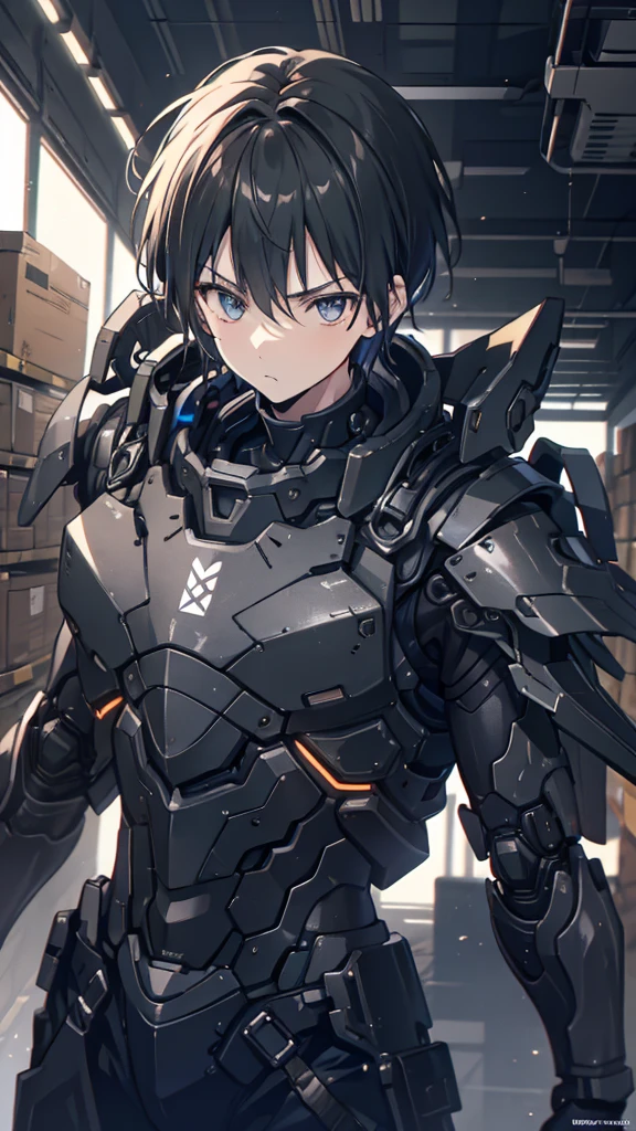 silence，Looking at the items in the warehouse，Warehouse full of supplies，It's dark all around，End of the World，an adult male，youth，Black short hair，look around，Wearing a sophisticated dark gray mecha armor suit，The armor suit has huge and thick limbs，Only the male youth’s hair and face are exposed，Upper body close-up