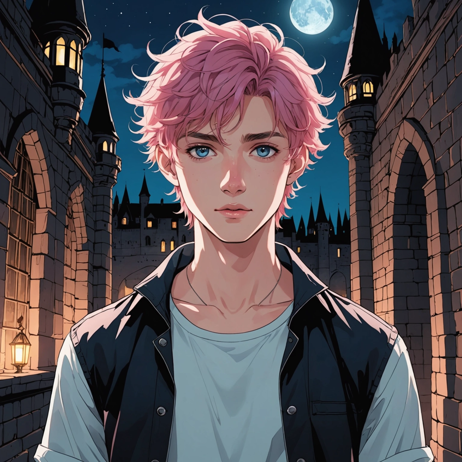 Pink-haired guy in a spooky castle at night