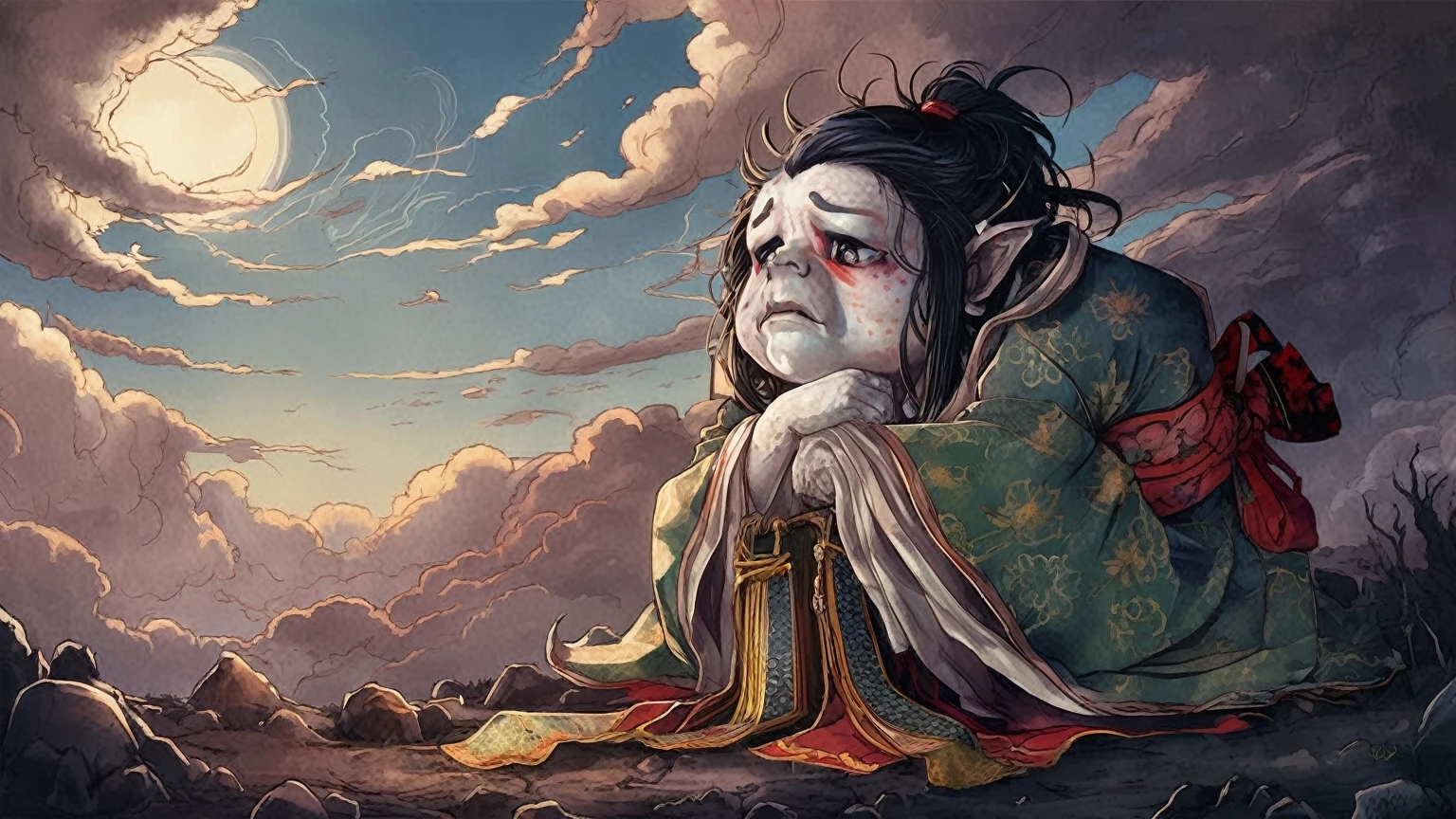 Close up of cartoon character sitting on a rock, Japanese demon,１Book corners Ominous fantasy illustration, Detailed digital 2D fantasy art, Beautiful artwork illustration, Ross Tran and Michael Whelan