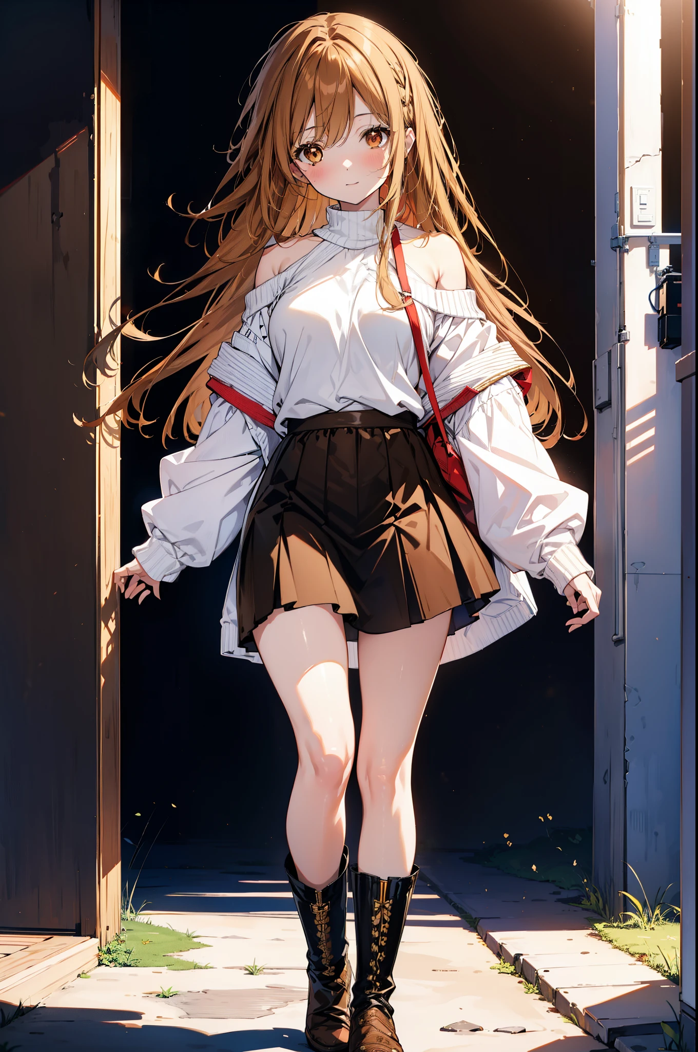a sun ayuuki, a sun a yuuki, Long Hair, Brown Hair, (Brown eyes:1.8),smile,blush,Red one-shoulder sweater,mini skirt,Black tights,short boots,Daytime,Clear skies,Walking,whole bodyがイラストに入るように,
break outdoors, Building district,
break looking at viewer, whole body,
break (masterpiece:1.2), Highest quality, High resolution, unity 8k wallpaper, (figure:0.8), (Beautiful attention to detail:1.6), Highly detailed face, Perfect lighting, Highly detailed CG, (Perfect hands, Perfect Anatomy),