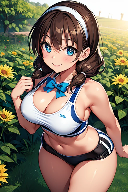 Megumi Amano、Shiny brown hair, Twin tails, 美しいblue eyes、Small waist、Small breasts、Modest chest、smile、Sparkling eyes, (fine grain)、Very fine eye、Highly detailed face, Highly detailed eyes, Cowboy Shot、




One girl, alone,  Main Piece, high quality, High resolution, blue bow,  blue eyes, White sports bra, Black sports pants with white stripes, black bow, bow , Blue headband, bangs, Big ample breasts, Cleavage, Medium Waist, Medium Hips, wide thighs, cowboy pictures, smile, Fascinating, Embarrassing, jogging, garden, sunset, View your viewers, throw (From above) ,Great hands, Excellent anatomy