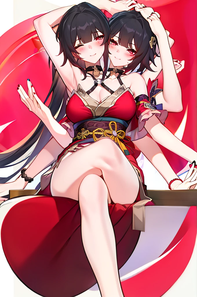 (2 heads:1.3), 1 girl, Sparks \(Honkai: Star Rail\), Twintail, hair accessories, alone, Off shoulder kimono, black nails, Mask on the head, arms separated,Legs split, choker, heart, Single gloves, Wristband, Cross Halter, thigh strap, Blush, sit, from below, Focus on feet, Cross your legs., cross your legs,  look at viewer, Barefoot, suffocate, ecstasy, smileที่เย้ายวนใจ, Pink-red bedroom, sofa,Masterpiece, illustration, beautiful, 4K, 8ก,DSLR Photos, (8ก, 4K, Masterpiece),(Masterpiece, best quality), best resolution, (3 heads:1.5),Arms separated,arm circle, (Put your hands on your head...), (lower hand on ankle), (lower hand on leg), Full content in the frame, full body view, (four arms),(Multi-arm),(many hands), รูปร่างเพรียวบาง Masterpiece,best quality,best resolution,1 woman,many heads, upper body, smile,  Facing the audience,big breasts,simple background,หน้าbeautiful,ผมbeautiful,ดวงตาbeautiful,ร่างกายที่beautifulงาม,มือbeautiful,conjoined twins