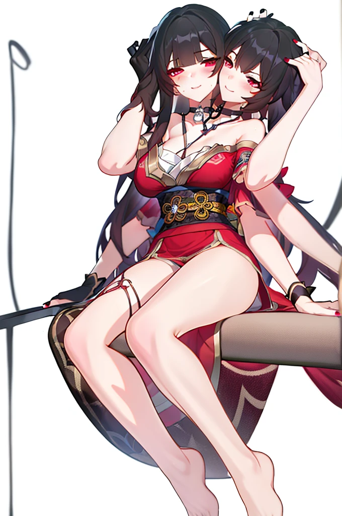 (2 heads:1.3), 1 girl, Sparks \(Honkai: Star Rail\), Twintail, hair accessories, alone, Off shoulder kimono, black nails, Mask on the head, arms separated,Legs split, choker, heart, Single gloves, Wristband, Cross Halter, thigh strap, Blush, sit, from below, Focus on feet, Cross your legs., cross your legs, look at viewer, Barefoot, suffocate, ecstasy, smileที่เย้ายวนใจ, Pink-red bedroom, sofa,Masterpiece, illustration, beautiful, 4K, 8ก,DSLR Photos, (8ก, 4K, Masterpiece),(Masterpiece, best quality), best resolution, (3 heads:1.5),Arms separated,arm circle, (Put your hands on your head...), (lower hand on ankle), (lower hand on leg), Full content in the frame, full body view, (four arms),(Multi-arm),(many hands), รูปร่างเพรียวบาง Masterpiece,best quality,best resolution,1 woman,many heads, upper body, smile, Facing the audience,big breasts,simple background,หน้าbeautiful,ผมbeautiful,ดวงตาbeautiful,ร่างกายที่beautifulงาม,มือbeautiful,conjoined twins