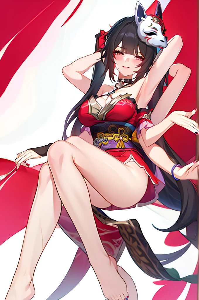 (2 heads:1.3), 1 girl, Sparks \(Honkai: Star Rail\), Twintail, hair accessories, alone, Off shoulder kimono, black nails, Mask on the head, arms separated,Legs split, choker, heart, Single gloves, Wristband, Cross Halter, thigh strap, Blush, sit, from below, Focus on feet, Cross your legs., cross your legs,  look at viewer, Barefoot, suffocate, ecstasy, smileที่เย้ายวนใจ, Pink-red bedroom, sofa,Masterpiece, illustration, beautiful, 4K, 8ก,DSLR Photos, (8ก, 4K, Masterpiece),(Masterpiece, best quality), best resolution, (3 heads:1.5),Arms separated,arm circle, (Put your hands on your head...), (lower hand on ankle), (lower hand on leg), Full content in the frame, full body view, (four arms),(Multi-arm),(many hands), รูปร่างเพรียวบาง Masterpiece,best quality,best resolution,1 woman,many heads, upper body, smile,  Facing the audience,big breasts,simple background,หน้าbeautiful,ผมbeautiful,ดวงตาbeautiful,ร่างกายที่beautifulงาม,มือbeautiful,conjoined twins