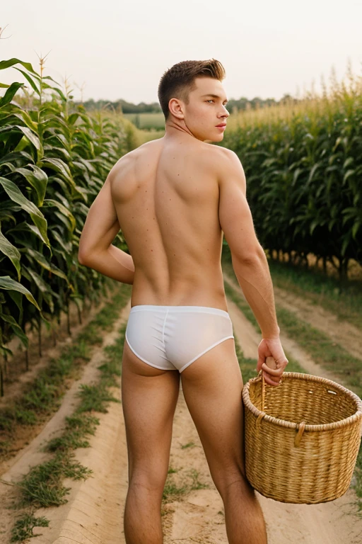 Young handsome cute white white skin soft skinny beautiful face shirtless in a corn field picking corn in a basket cute bare butt big penis