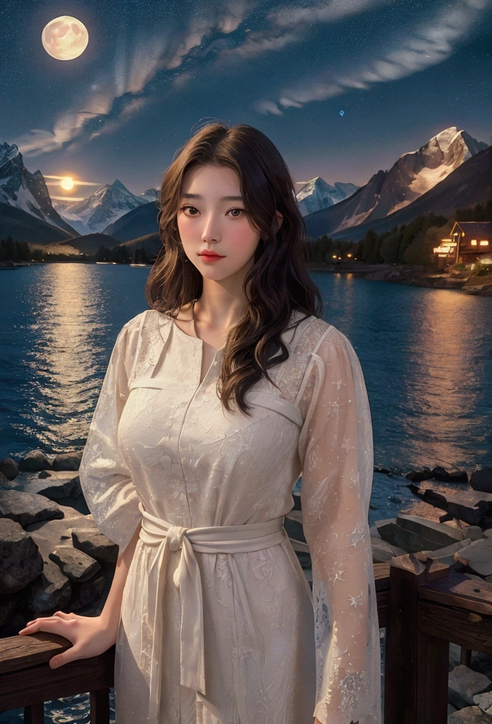 (realistic, masterpiece, best quality), One beautiful 20-year-old young woman with delicate features_Selfie in front of the background, starry night. A huge moon shining behind the mountains. A quiet lake reflects the night. sunset, realistic scene, Detail, photorealism, 8k