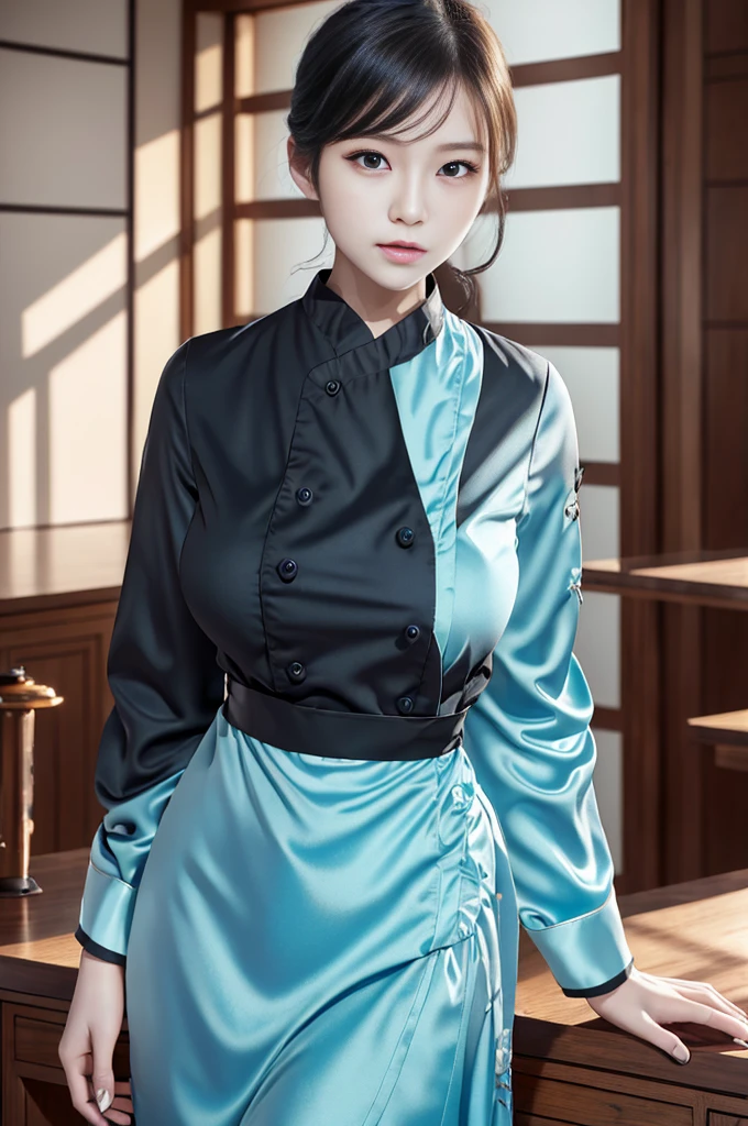 masuter piece, best qualtiy, ((Real model footage)), 8K picture quality, ((1 girl)), Extremely Delicately Beautiful, magnifica, Official art with attention to detail, ((perfect hands)), (18 years old girl), (japanese beautiful woman), black short hair, (((Cute light blue long-sleeved chef costume))), fierce eyes, assassin