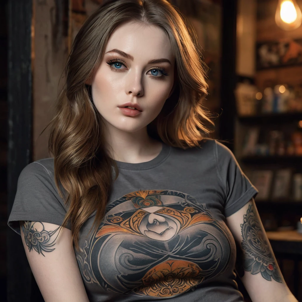 .work of art, best qualityer, extremely detaild, hyper realist, photorrealistic, a beautiful model from the 27s, in the night:1.2, warm toned, warm toned, dark gray t-shirt:1.2, sitting, smoke, eyeshadows, delicate tattoo, Face ultra detailed:1.1, brow, long hair, pale skin,busty breasts, dynamic pose