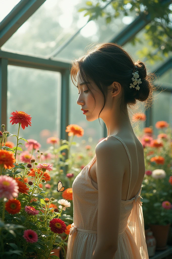 Very delicate and beautiful, wonderful, In detail, masterpiece, Very detailed, High resolution,Best shot, Best Shadow,Complex,Sharp focus, high quality, Japanese female 1 person, alone. Glass greenhouse, Potted flowers, Flowers for sale, Woman looking at flowers, Flowers are blooming everywhere, Lens flare,Sleeveless,Beautiful breasts,butterfly,From the side