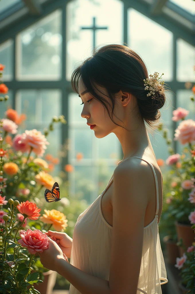 Very delicate and beautiful, wonderful, In detail, masterpiece, Very detailed, High resolution,Best shot, Best Shadow,Complex,Sharp focus, high quality, Japanese female 1 person, alone. Glass greenhouse, Potted flowers, Flowers for sale, Woman looking at flowers, Flowers are blooming everywhere, Lens flare,Sleeveless,Beautiful breasts,butterfly,From the side