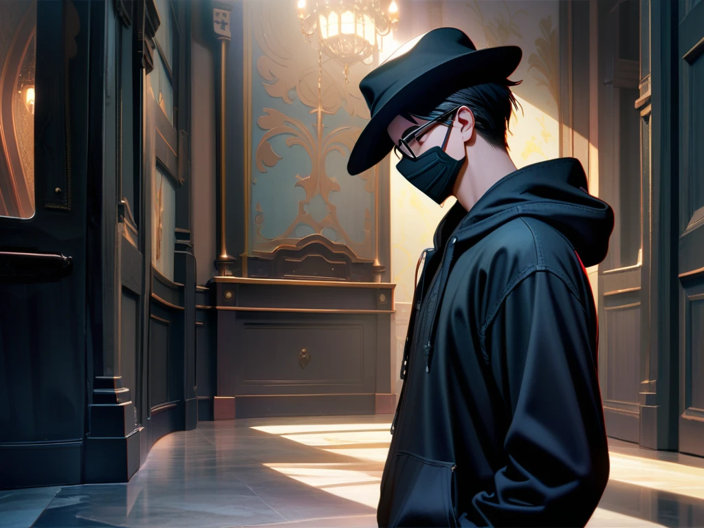man，Wear a mask，Black mask，Wear a hat，Black hood，HD, HDR, Very detailed CG, Beautiful details, depth, Delicate texture, Super Fine, Pale skin, Handsome man, , short hair, Black Hair, Glasses，Ethereal atmosphere，Room
