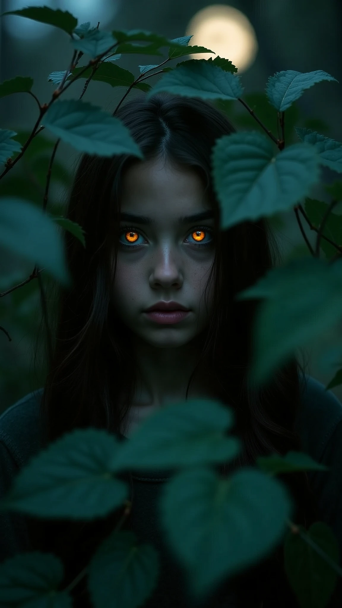 girl surrounded by leaves in the dark,Glowing eyes,mysterious,moonlight