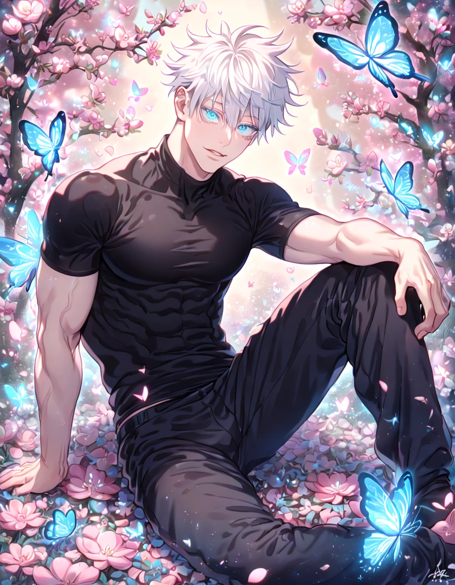 absurdres, highres, ultra detailed, HDR, master piece, best quality, extremely detailed face, delicated features, Gojou Satoru, white hair, expressive blue eyes, white eyelashes, Jujutsu Kaisen, solo, sexy, sensual man sitting, manly man, black tight T-shirt, black tight pants, blossoms, pink flowers, pink butterflies, fantasy, magical, radiant
