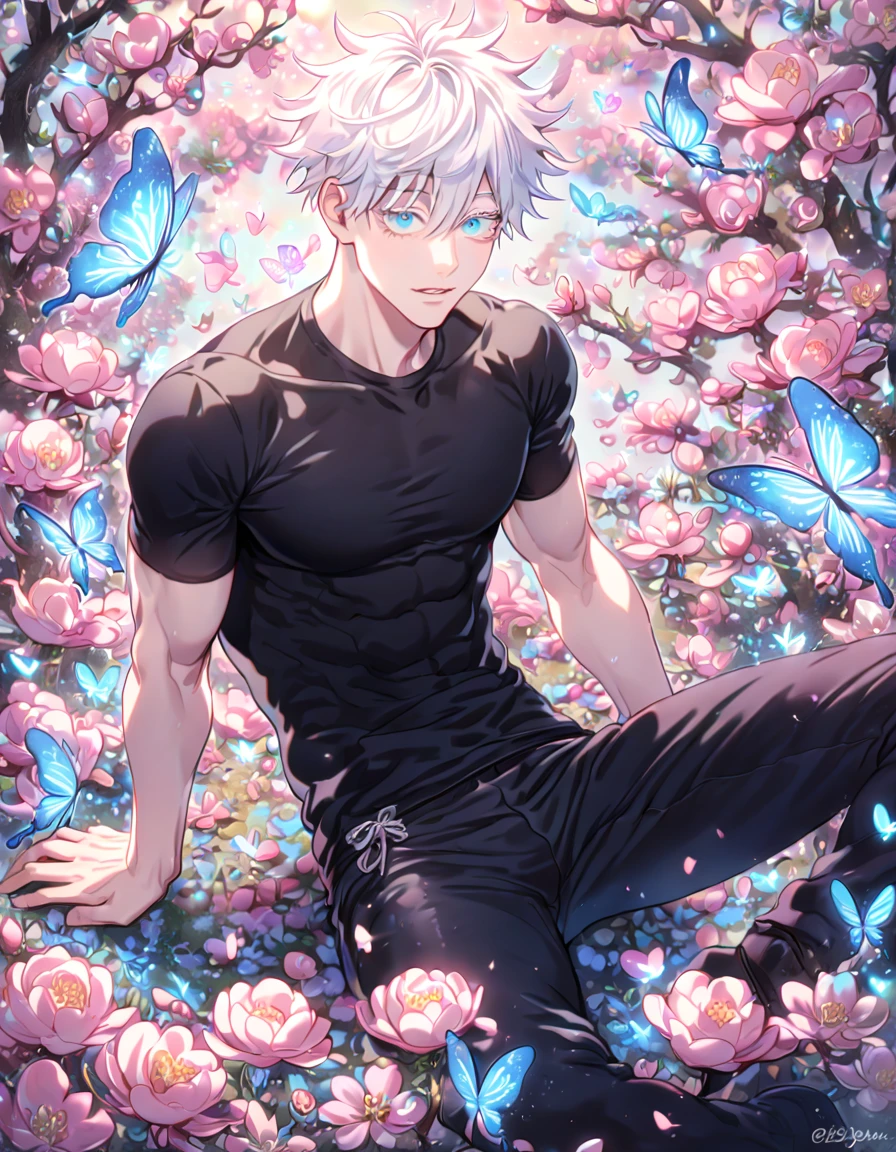 absurdres, highres, ultra detailed, HDR, master piece, best quality, extremely detailed face, delicated features, Gojou Satoru, white hair, expressive blue eyes, white eyelashes, Jujutsu Kaisen, solo, sexy, sensual man sitting, manly man, black tight T-shirt, black tight pants, blossoms, pink flowers, pink butterflies, fantasy, magical, radiant