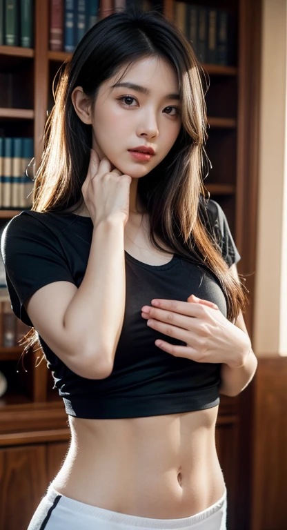 Korean woman, Short black shirt，library，Fantasy style，Soft Light，Rich in details，Dreamy colors，Elegant Movement, Shy face, athlete, Abdominal muscle show, , Black long hair, White skin, Restore your face