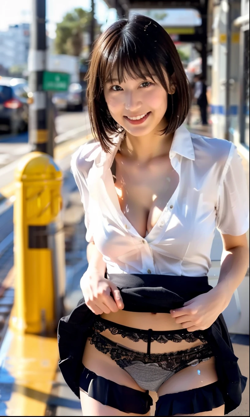 （The skin is wet from sweat）,leaning forward,Cleavage,Station platform,Wearing a shirt,smile、skirtリフト、skirtを手で上げる,woman, 20-year-old, Black short hair、bangs、(skirt),(Lace panties)、Cute earrings