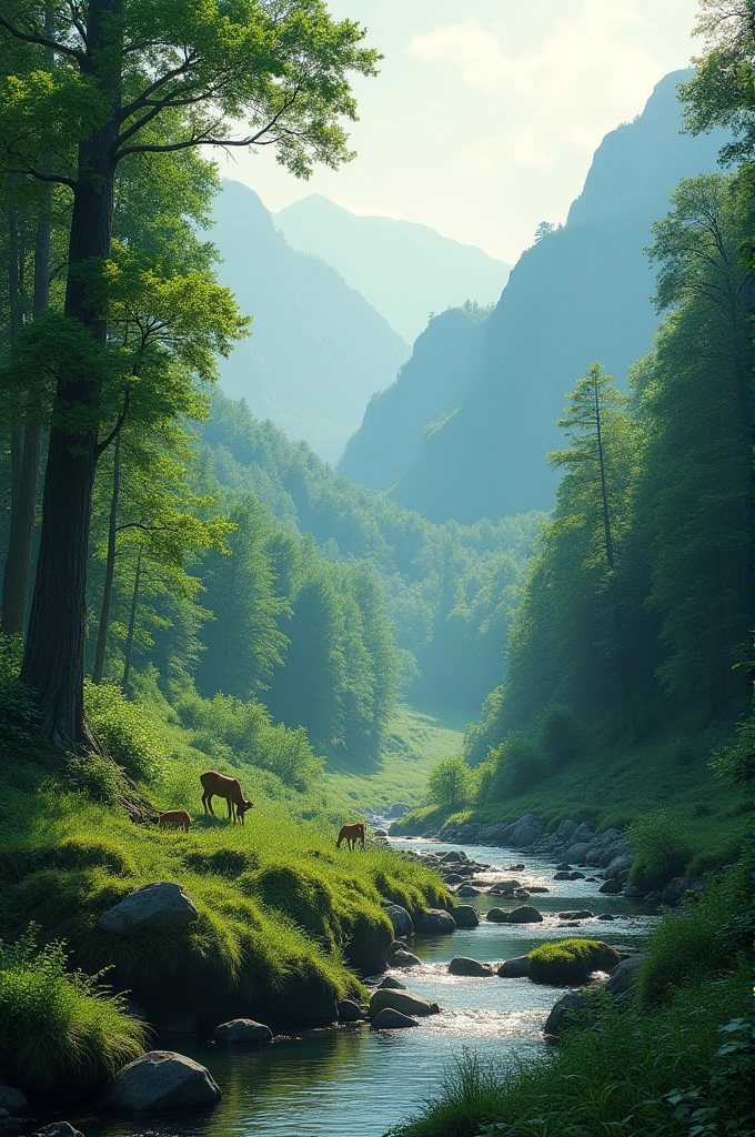 Middle shot showcasing a verdant valley and dense forests, with crystal-clear rivers and majestic mountains. The morning sun beams through the mist, illuminating the lush greenery. Trees are tall and abundant, their leaves rustling gently in the wind. Deer can be seen drinking from a stream at the forest edge. The atmosphere is peaceful and vibrant, depicting a thriving natural environment. The scene is detailed and atmospheric, with an emphasis on the interplay of light and shadow, creating a sense of depth and tranquility.
