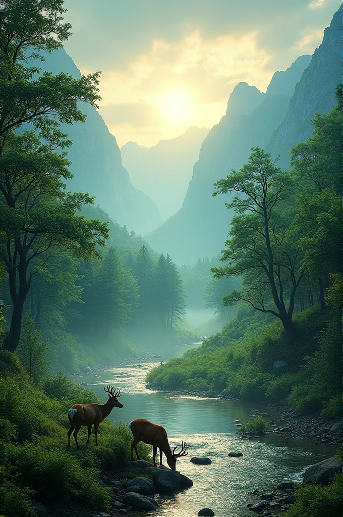 Middle shot showcasing a verdant valley and dense forests, with crystal-clear rivers and majestic mountains. The morning sun beams through the mist, illuminating the lush greenery. Trees are tall and abundant, their leaves rustling gently in the wind. Deer can be seen drinking from a stream at the forest edge. The atmosphere is peaceful and vibrant, depicting a thriving natural environment. The scene is detailed and atmospheric, with an emphasis on the interplay of light and shadow, creating a sense of depth and tranquility.