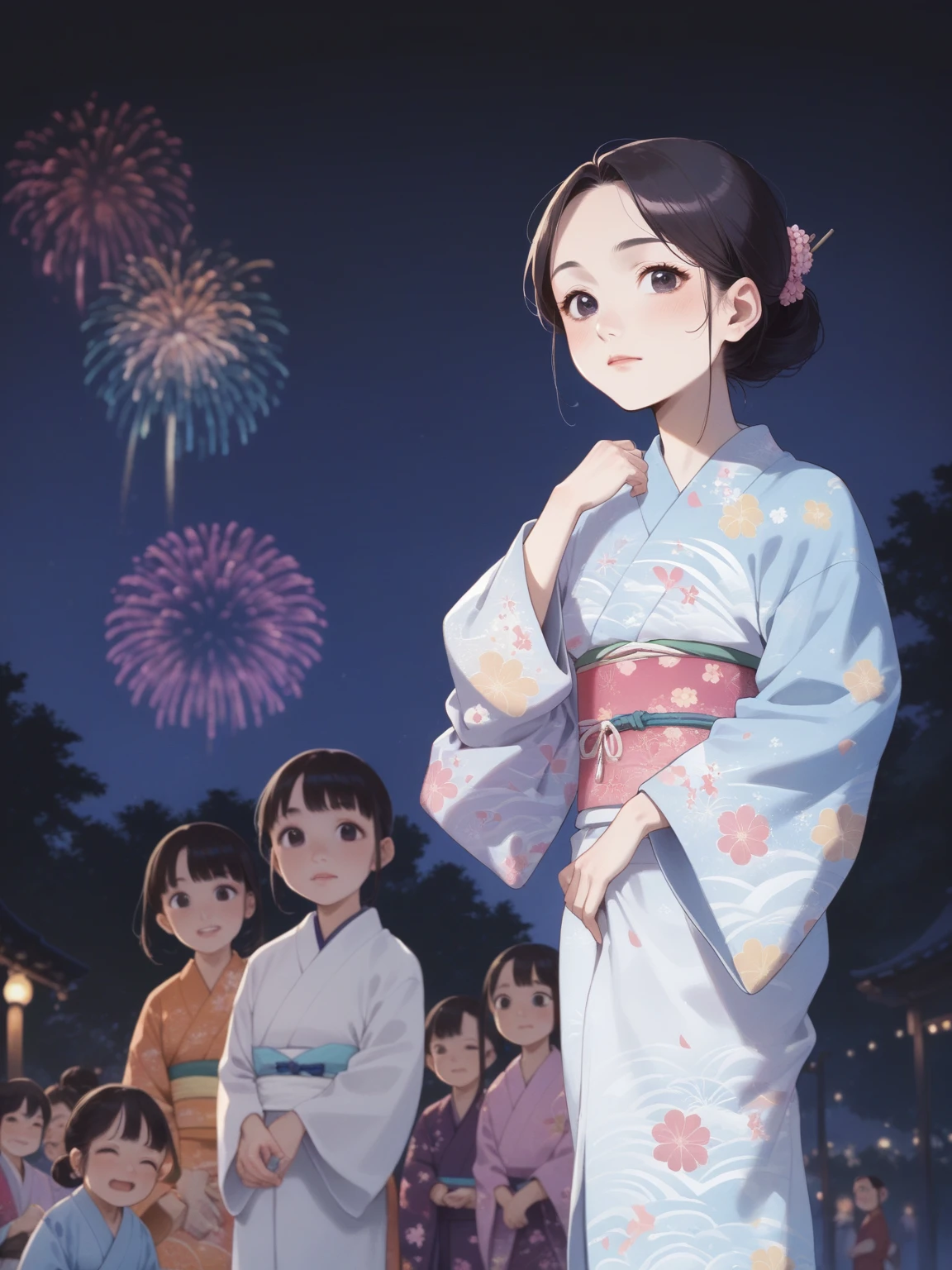 there is a woman in a kimono standing with a group of children, [ fireworks in the sky ]!!, inspired by Matsuno Chikanobu, summer festival night, japanese animation style, fireworks in the background, in a kimono, wearing a colorful yukata, japanese cartoon style, night!, firework, digital anime illustration