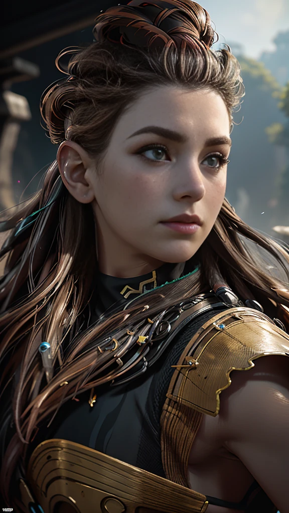 Aloy from horizon games, scantily clad, beautiful detailed eyes, beautiful detailed lips, extremely detailed eyes and face, longeyelashes, elegant pose, intricate detailed clothing, detailed skin textures, futuristic environment, dramatic lighting, vibrant colors, photorealistic, 8k, high quality, detailed rendering, digital painting, concept art style